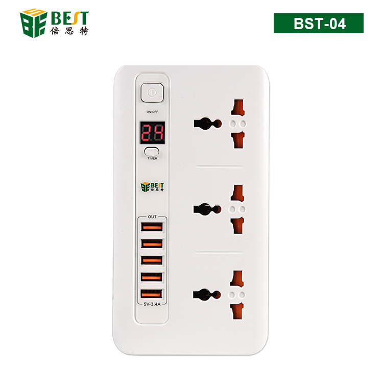BST-04 歐規(guī)可定時(shí)萬(wàn)能排插 3位防火排插帶5位USB輸出口