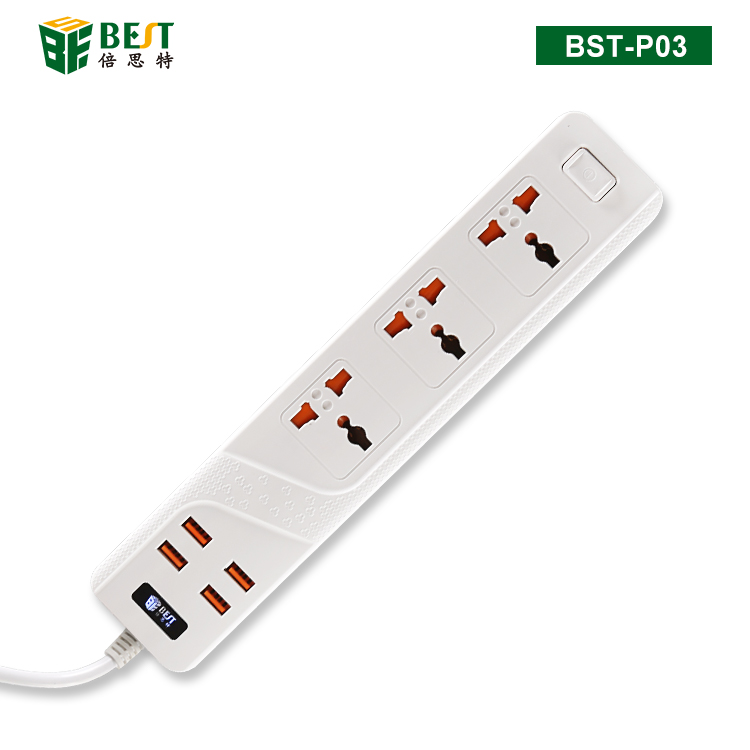 BST-P03 萬(wàn)能排插 3位萬(wàn)能插口帶4位USB輸出口（英規(guī)插頭）